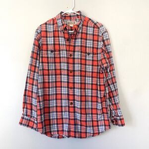 Duluth Trading Flannel Shirt Mens Size Large Orange Blue Plaid Button Up Grunge
